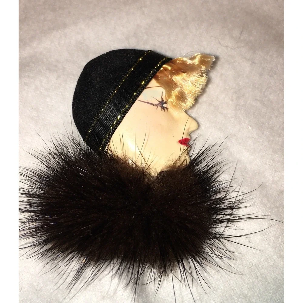 Vintage flapper Celluloid brooch with mink scarf